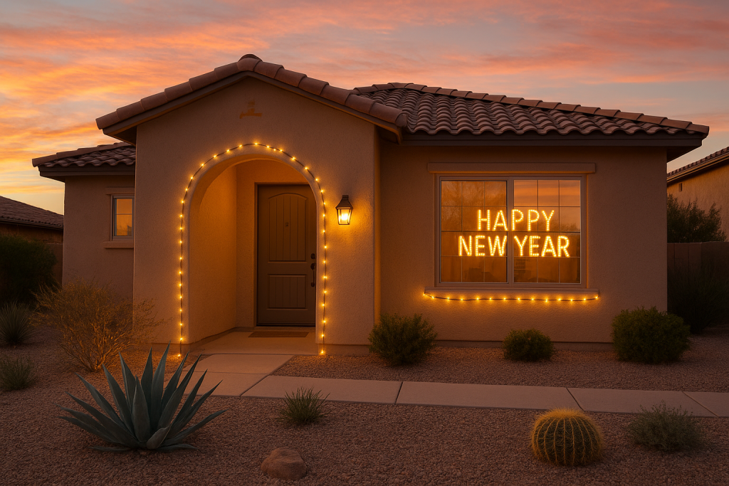 A warm, New Year-themed image of a home in Southern Arizona depicting a pest-free and weed-free home