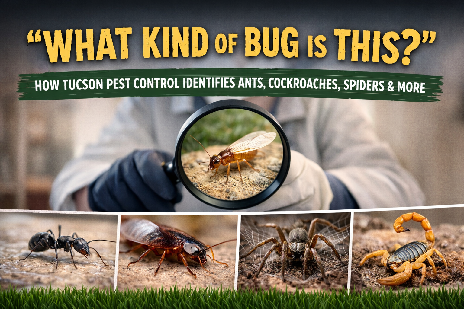 Close-up images of ants, cockroaches, spiders, termites, and a scorpion used to explain how Tucson pest control experts identify common household pests